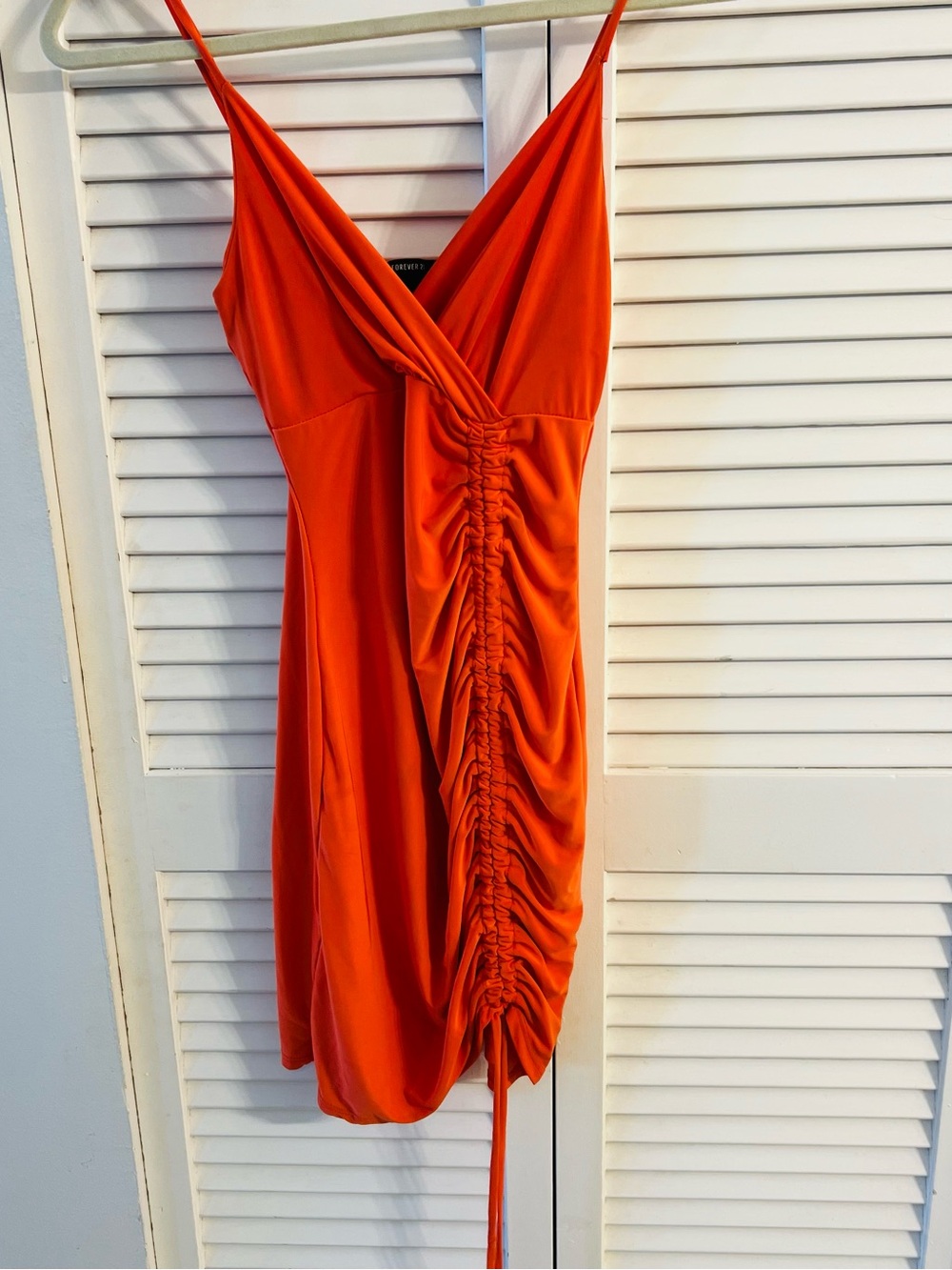 Forever 21 Orange Ruched V-Neck Spaghetti Strap Mini Dress